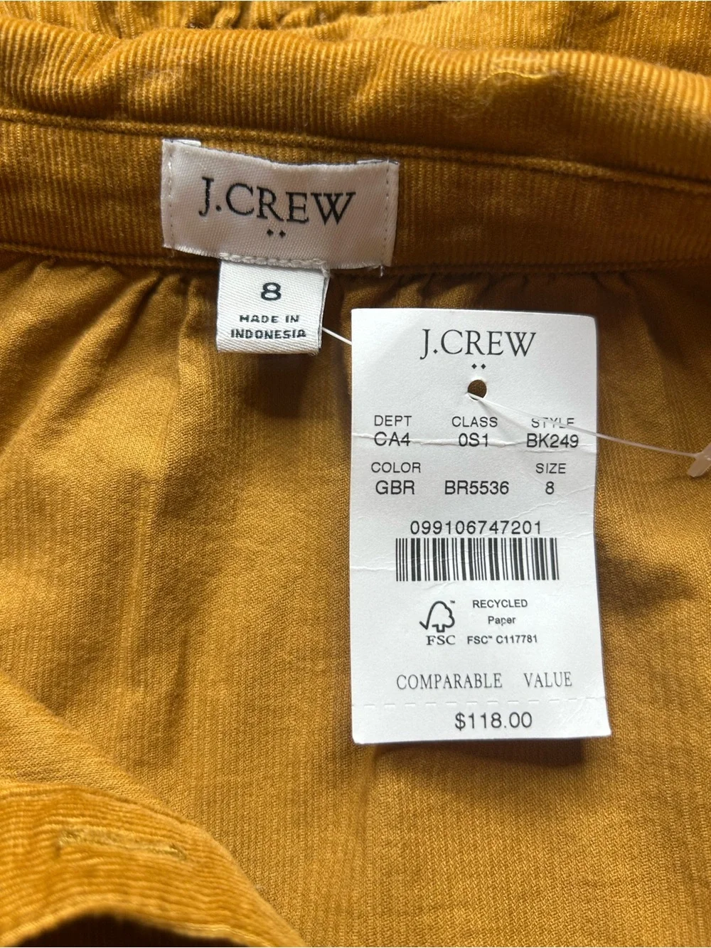 J. Crew NWT Camel Corduroy Tiered Long Sleeve Dress Sz 8 Cottagecore Western